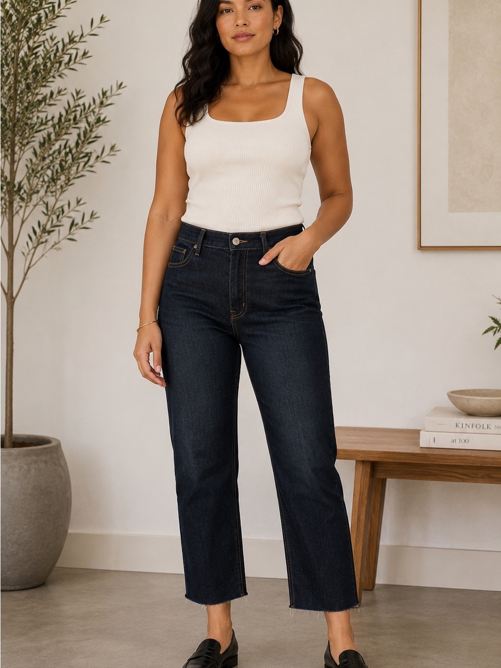 Vince Union Slouch Crop Straight Jeans 28 Dark Wash Raw Hem